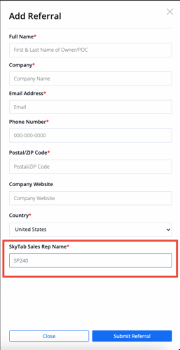 3. For CHS Local Service & Support - Enter our Partner Code SP240 in the "SkyTab Sales Rep Name" Field